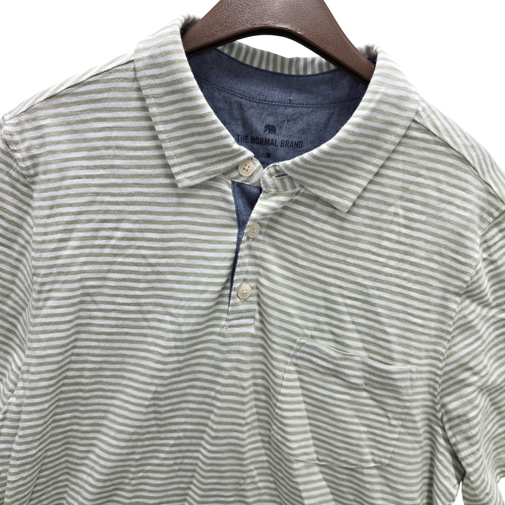 The Normal Brand Mens Green White Striped Short Sleeve Polo Shirt Size M Cotton